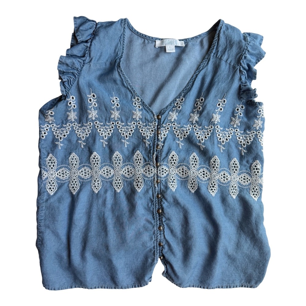Bunulu Womens Lyocell Chambray Eyelet Embroidered Ruffle Sleeveless Top Blue L